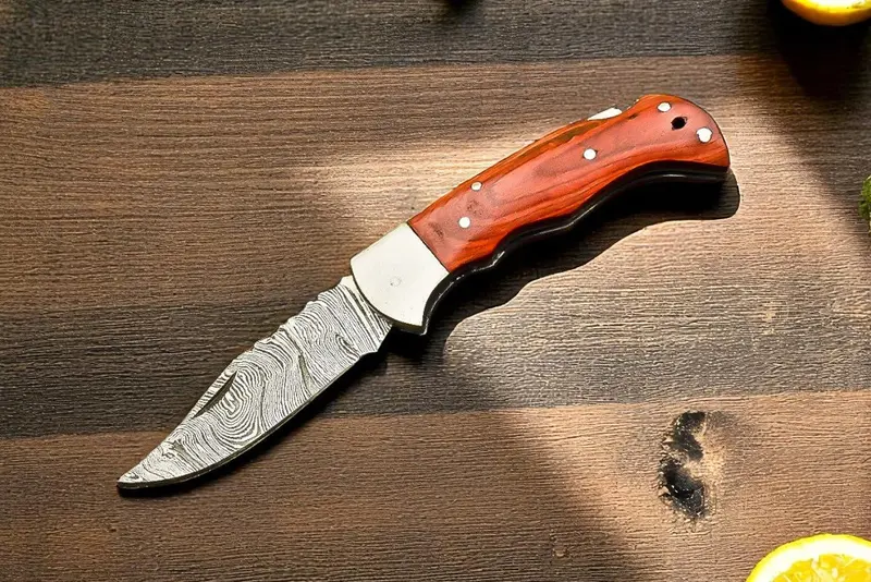 3-Inch Damascus Blade Pocket Knife With Solid Wood Handle 1