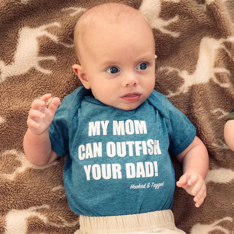 Hooked & Tagged 'My Mom Can Outfish Your Dad' Baby Onesie 1